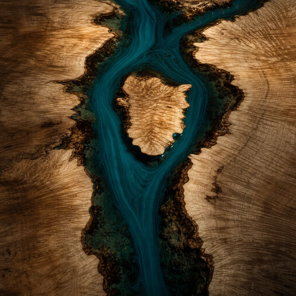 Top-down detail of the Braidwater table's braided teal resin channel splitting around a maple island