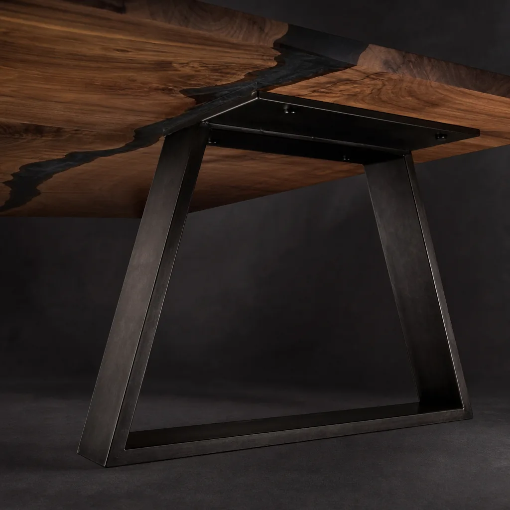 Blackened steel trapezoid base of the Confluence table, joinery detail