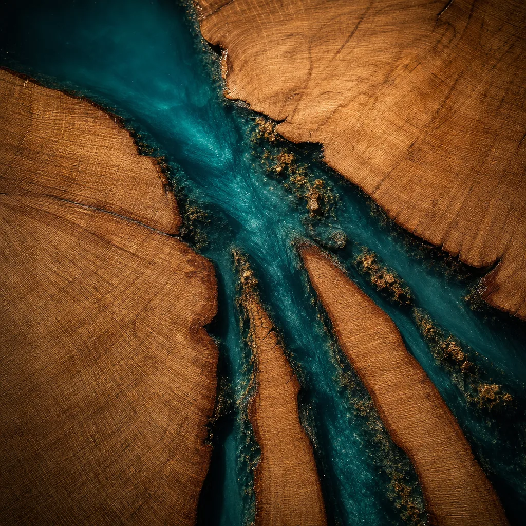 Top-down detail of the Delta Nine table where the teal resin delta channels fan across white oak grain
