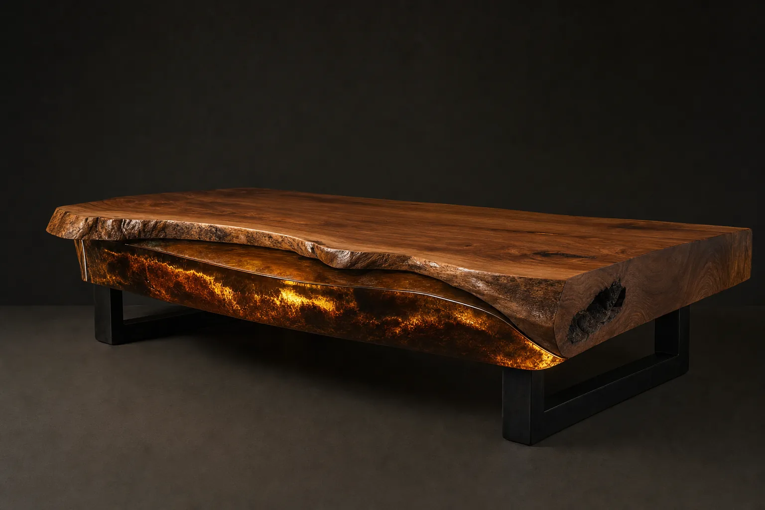 Undercut coffee table, three-quarter view: claro walnut slab with amber resin running beneath a shelf of live edge, blackened steel skid base