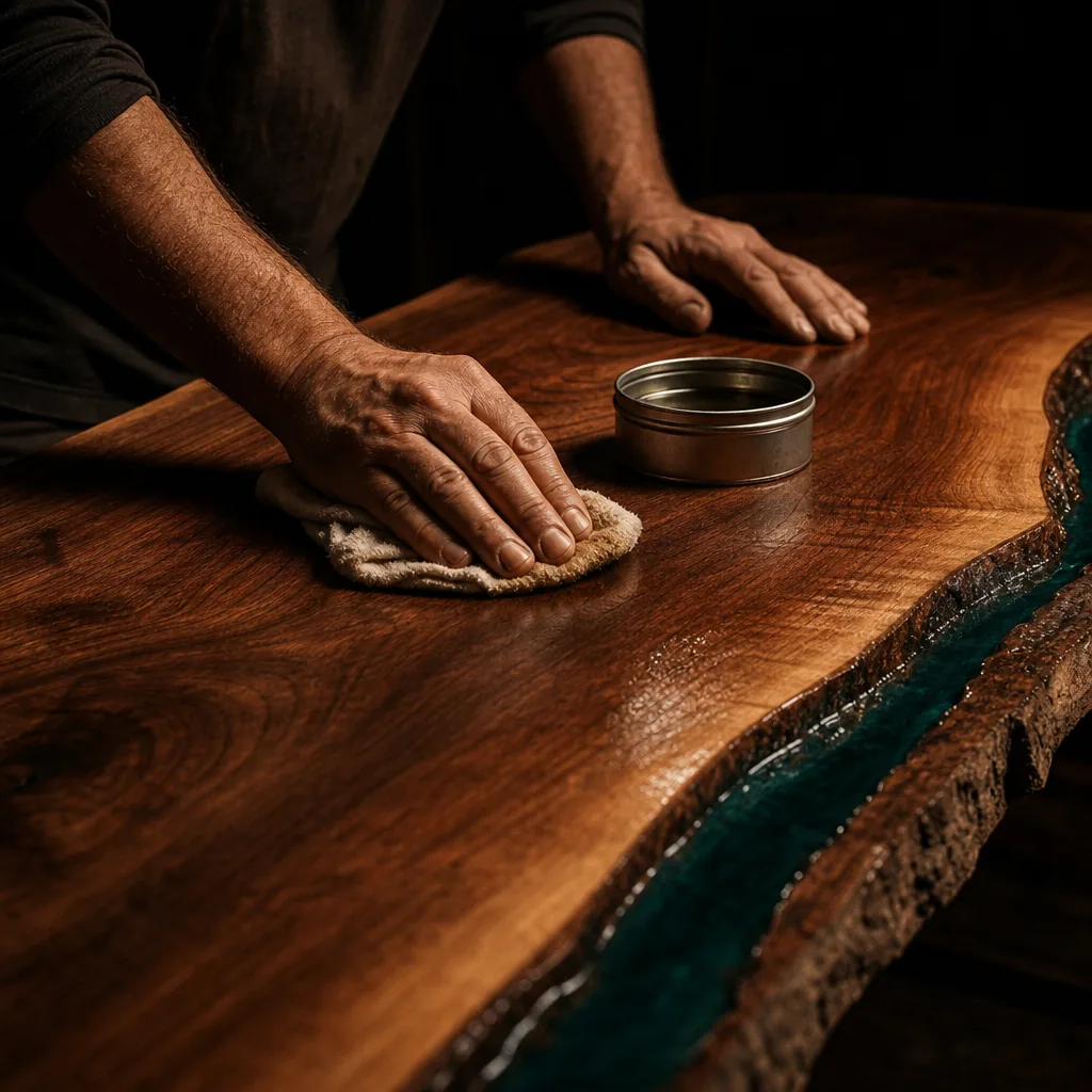 Hands working hardwax oil into a walnut tabletop with a cotton rag, warm light raking across the grain